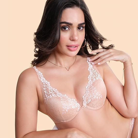 Enamor Cleavage Enhancer Extended Neckline Women's Bridal Plunge Push-Up Lace Bra – Padded, Wired, Medium Coverage F043